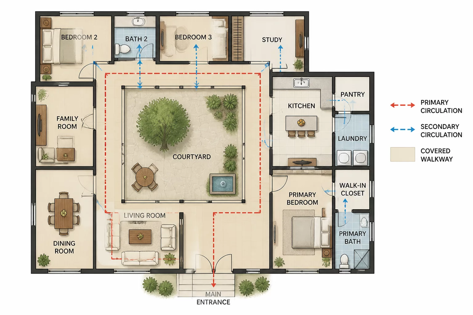 Courtyard house layout diagram