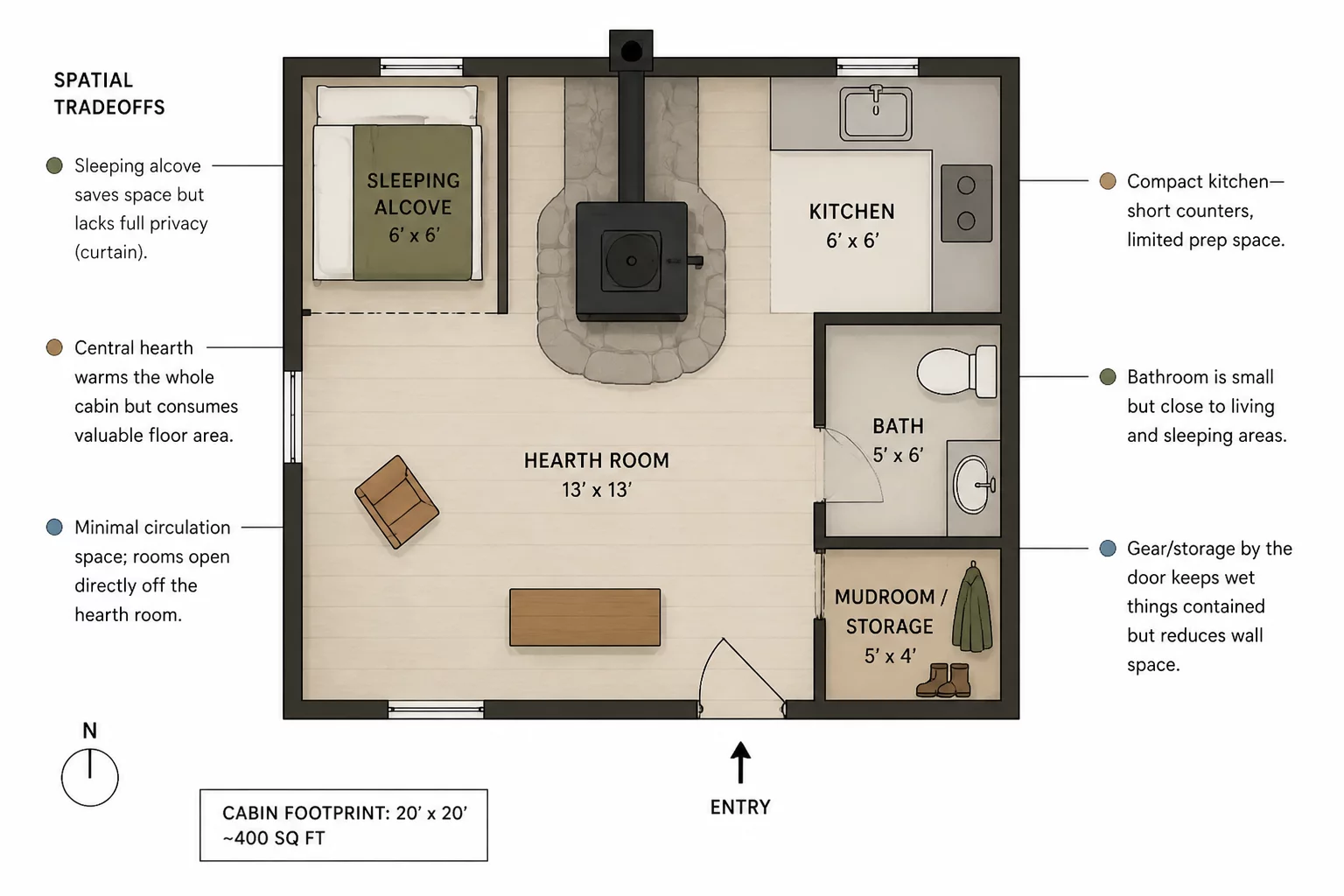Mountain cabin room tradeoffs diagram